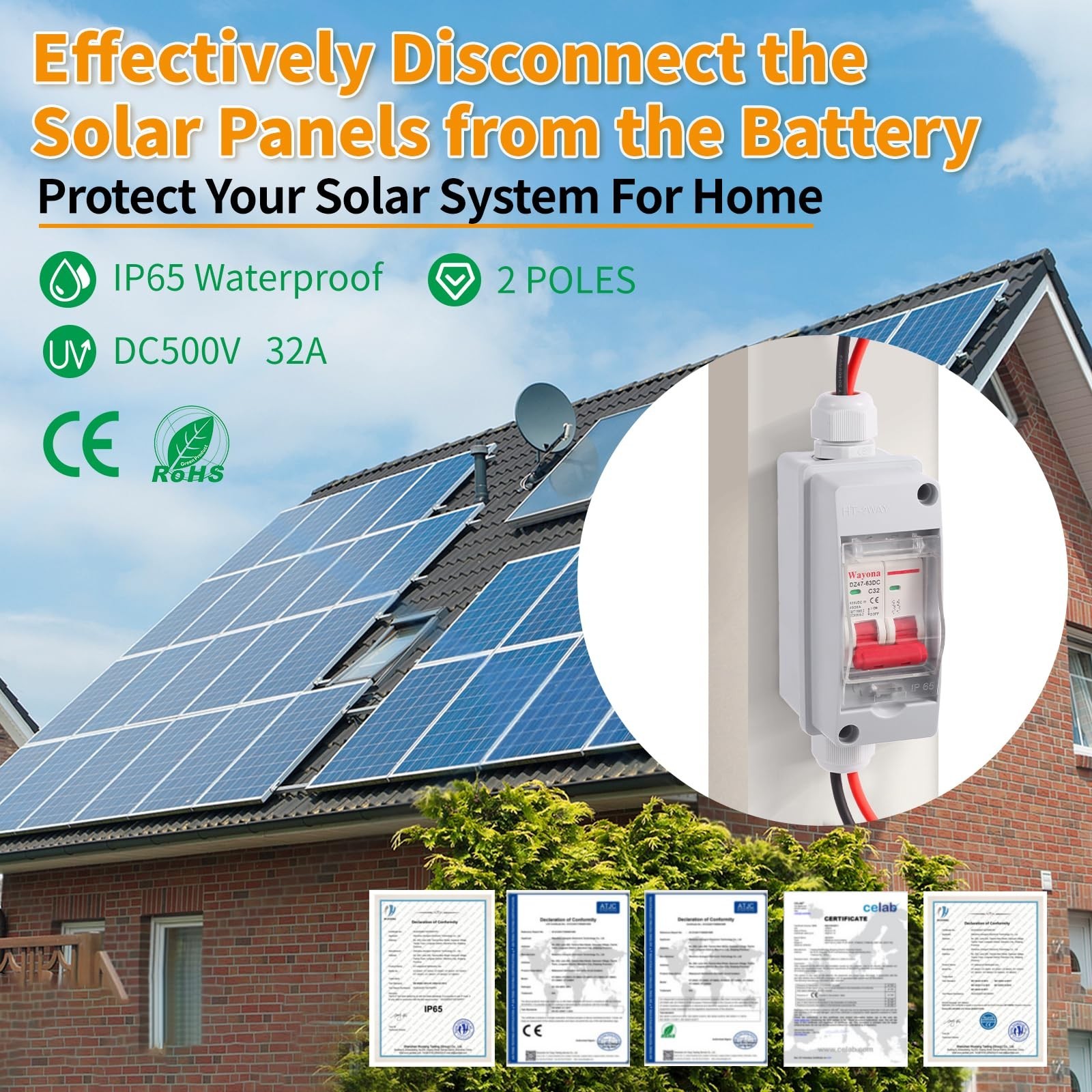 Solar Panel Disconnect Switch 32A DC 500V Waterproof Circuit Breaker Box Outdoor
