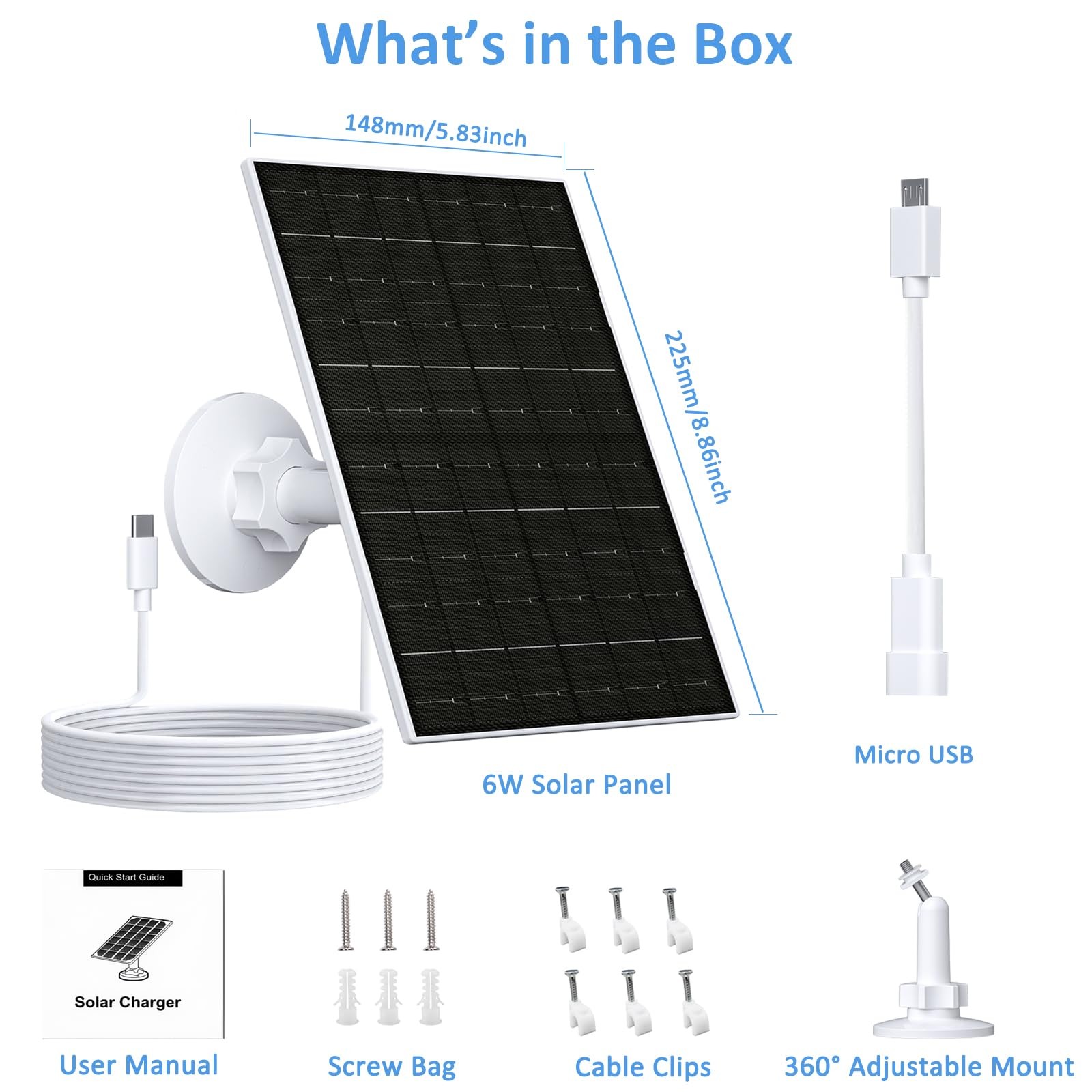 Solar Panel 6W Micro USB USB-C 5V IP66 360° Mount 9.8ft Cable 1 Pack White
