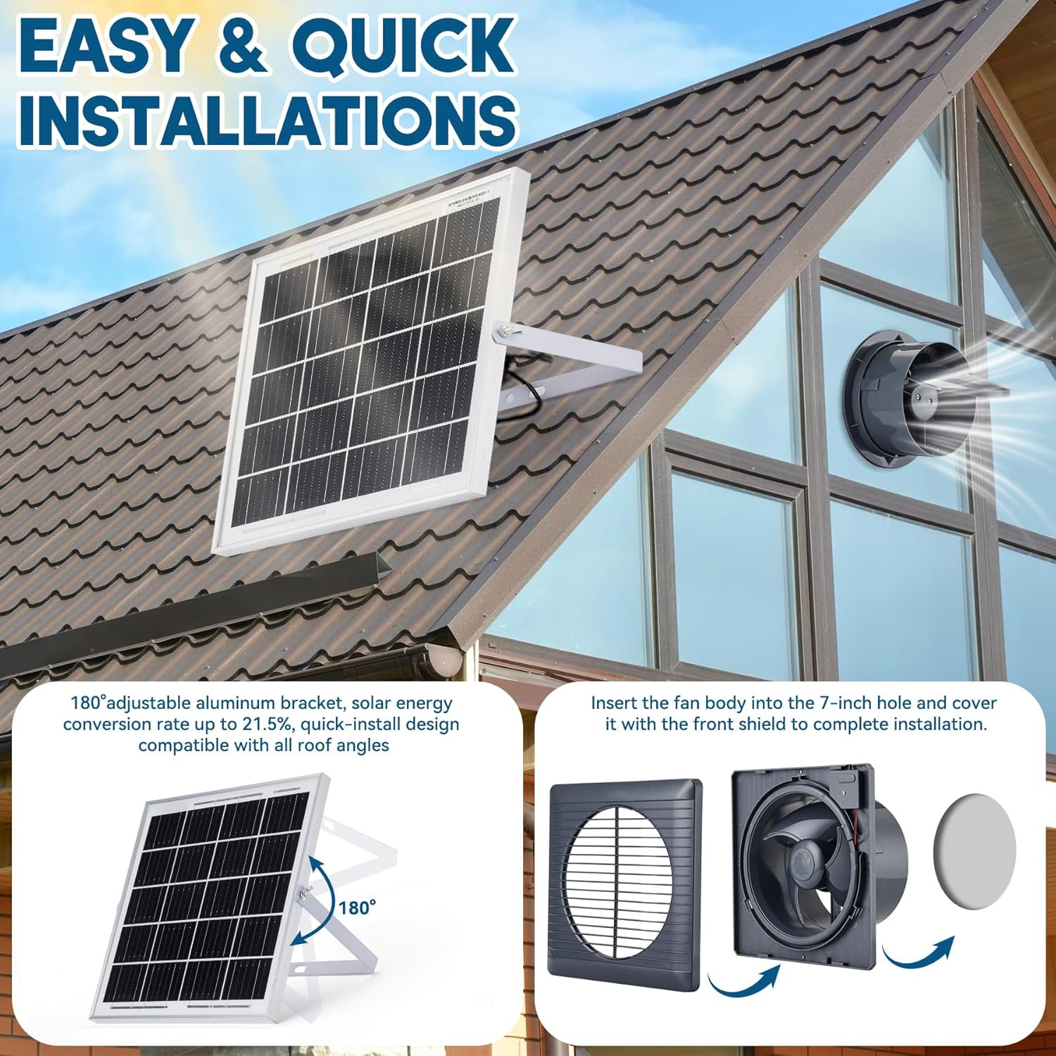 25W Solar Exhaust Fan Kit with 8″ High-Speed Fan, Bracket & Valve