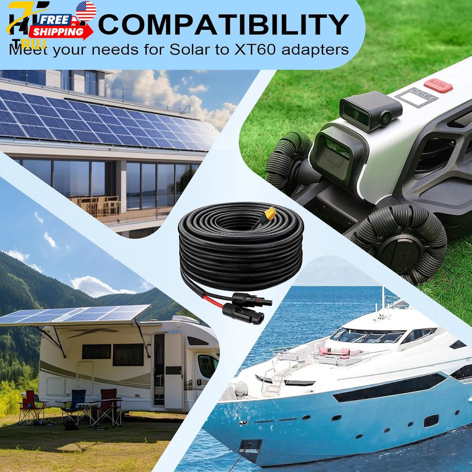 Solar to XT60 Cable 10AWG 50FT Solar Connector to XT60 Adapter Cable for Solar P