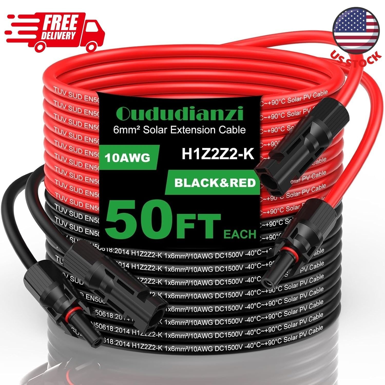 Solar Extension Cable 50Ft, Solar Wire 10AWG, 10 Gauge Tinned Copper PV Wire