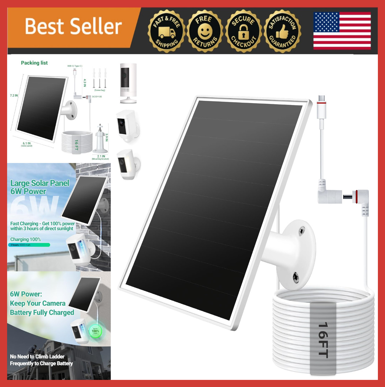 Solar Charger for Outdoor Cameras, 6W USB-C, Waterproof, 16ft Cable