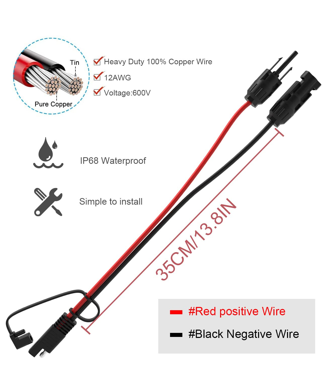 Solar Extension Cable – 10AWG, 30Cm with 2 SAE Polarity Reverse Adapters