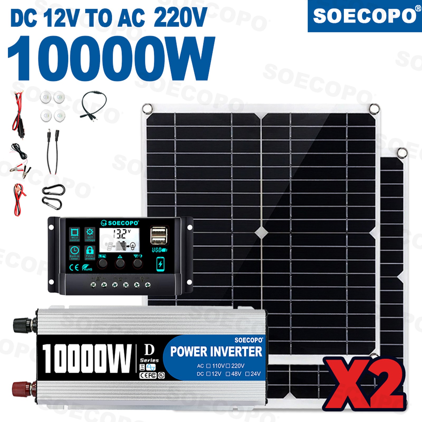 10000W High-Power Solar System Kit | 12V Input to 110V/220V Output | 2pcs Solar