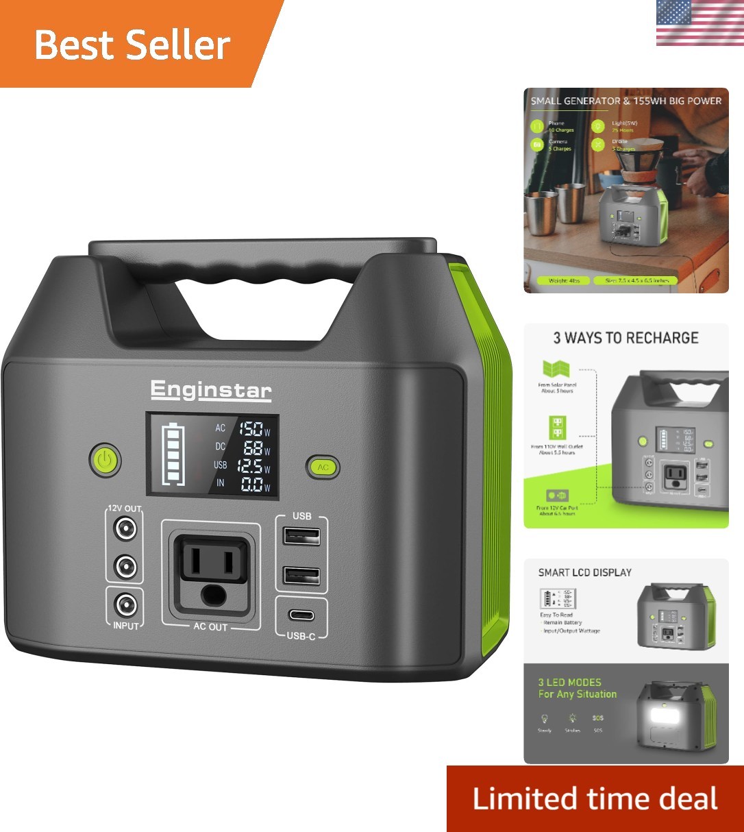 Portable Power Station, 150W 155Wh Power Bank with 110V AC Outlet, 6 Outputs …