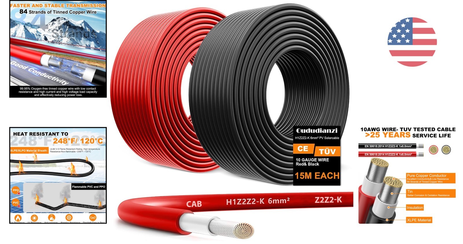 10AWG Tinned Copper Solar Panel Wire, 2x50FT for Reliable Performance