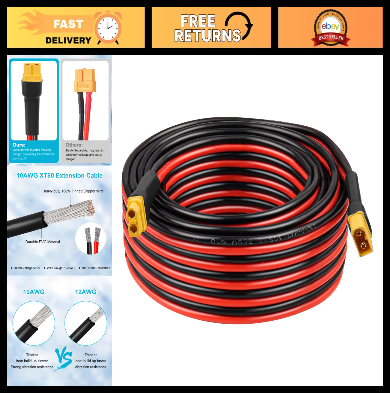 35FT XT60 Extension Cable 10AWG – Female to Male Connector for Solar, RC, Power