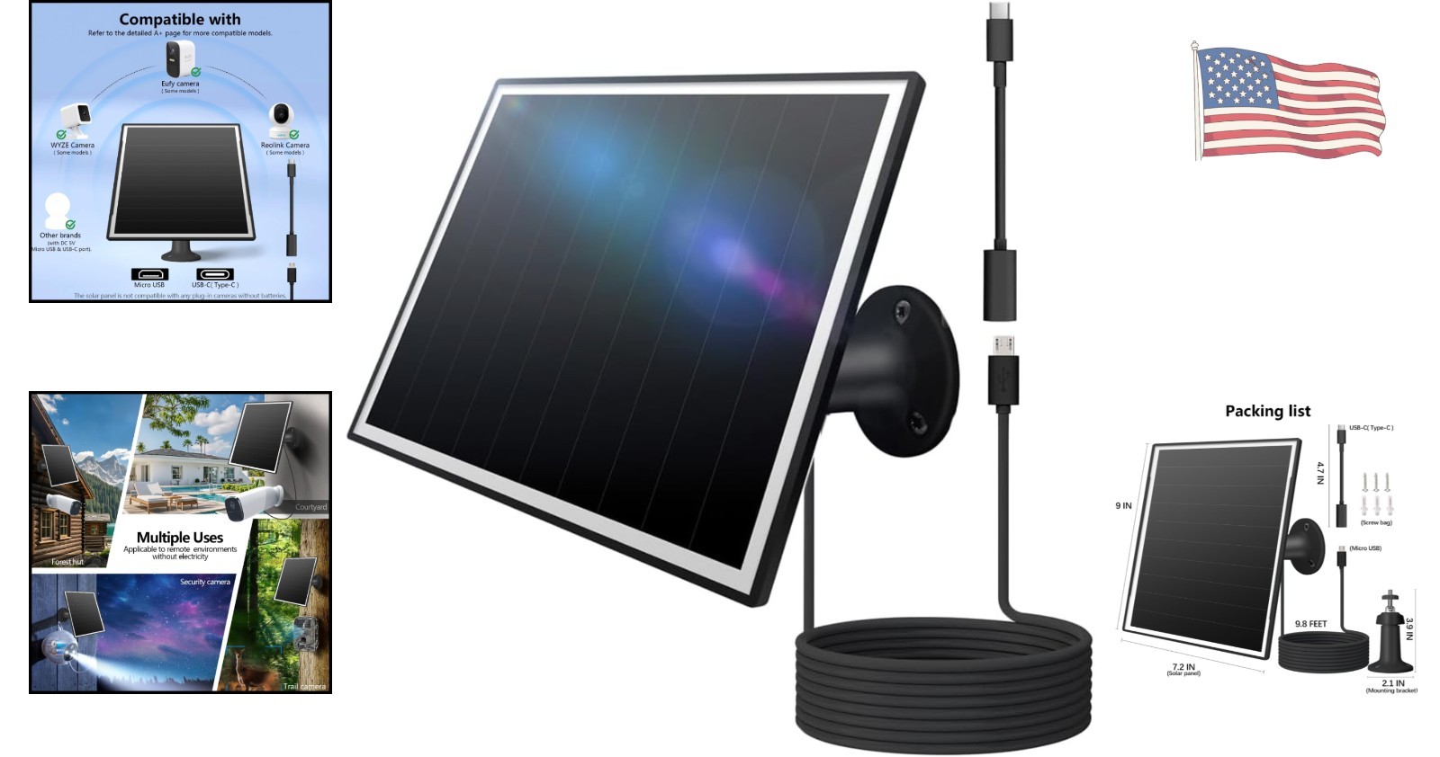 8W Solar Panel Charger for Eufy/Wyze/Reolink Cameras – Waterproof & Adjustable