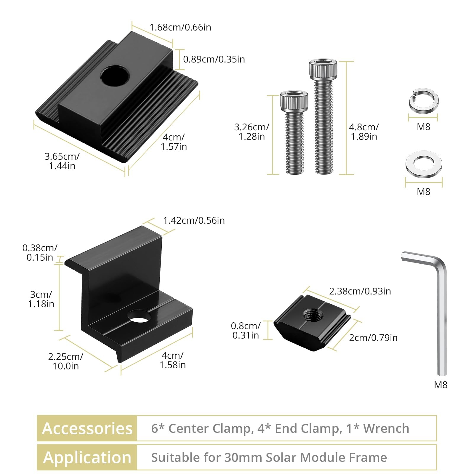 10 PCS Solar Panels Brackets 30mm, Aluminium 6 x T-Shaped Mid Clamps + 4 x En…