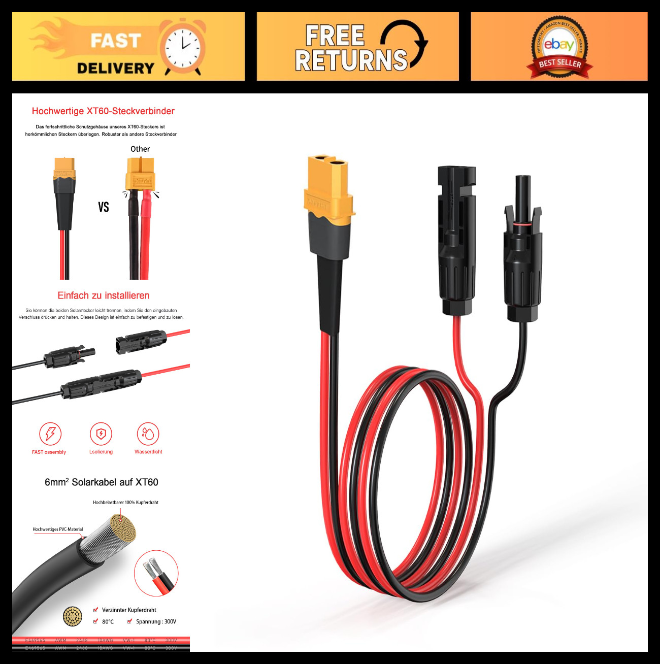10AWG 6FT Solar Extension Cable XT60 Connector for Portable Power Station