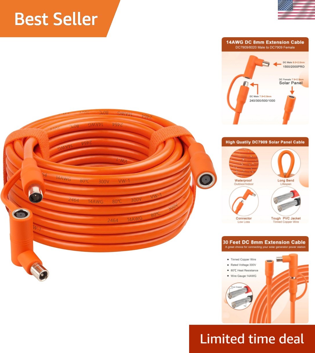 Flexible 30FT DC7909 Solar Cable with Flame-Retardant PVC and Easy Installation