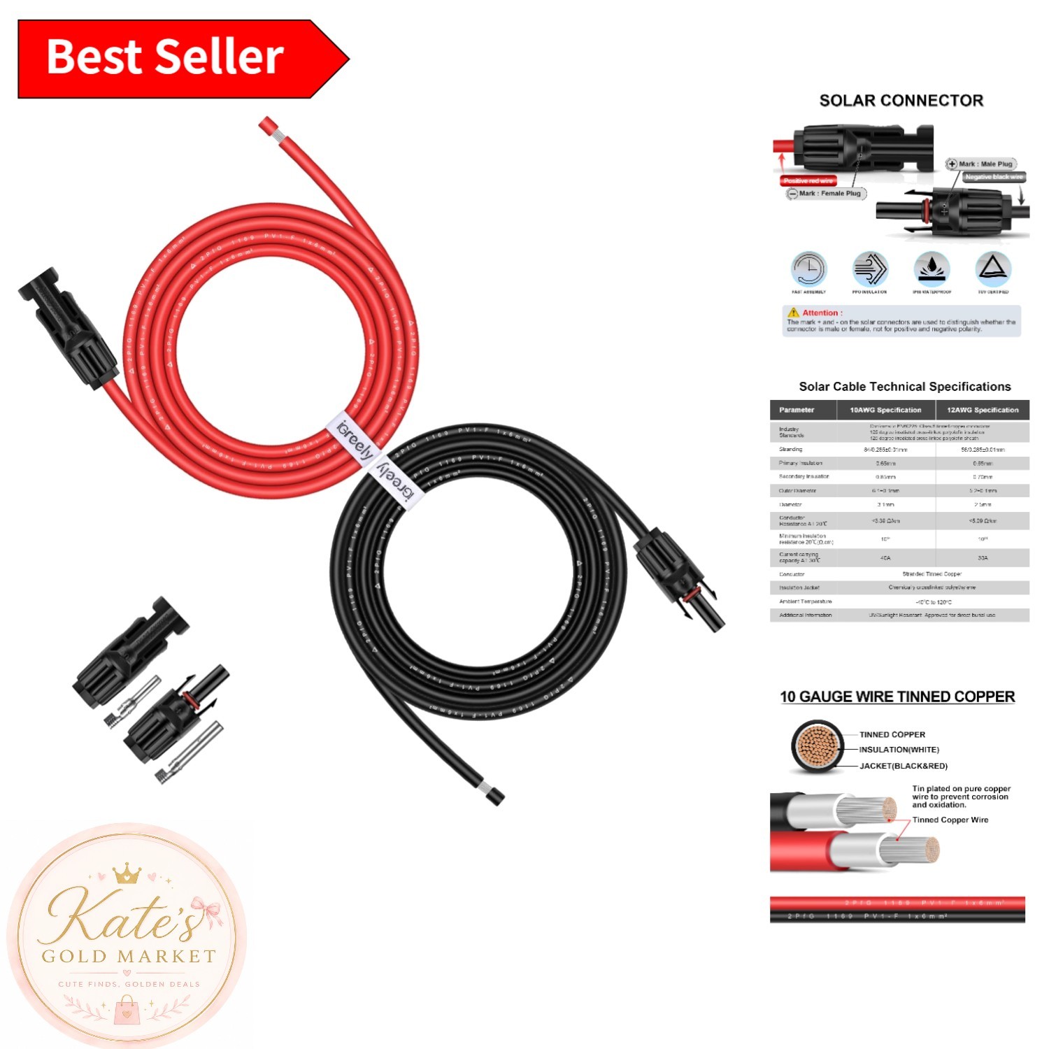 Durable 10 Feet 10AWG Solar Wiring Adapter with Male and Female Connectors
