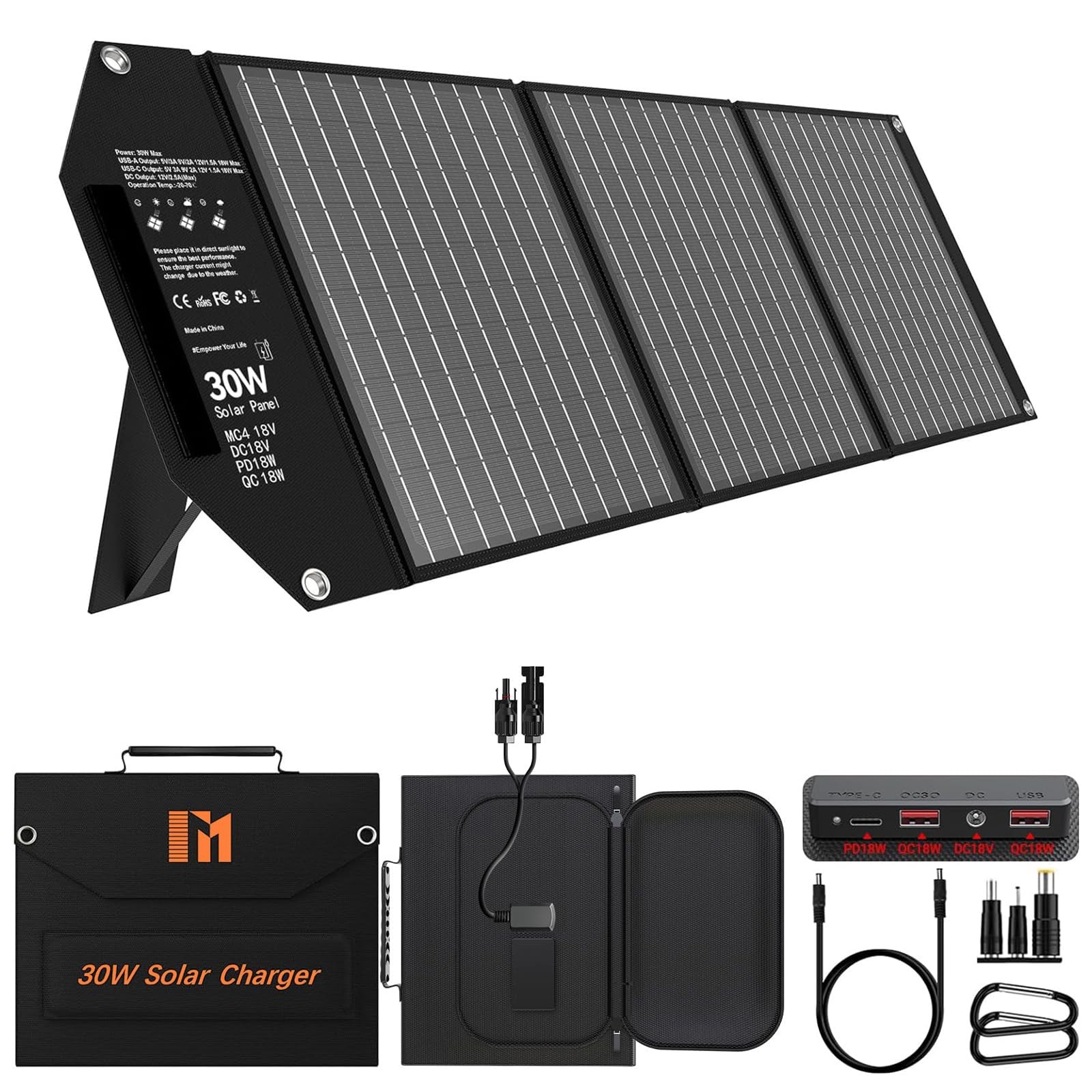 30W Solar Panels Charger Portable Foldable with USB-C USB-A MC4 DC