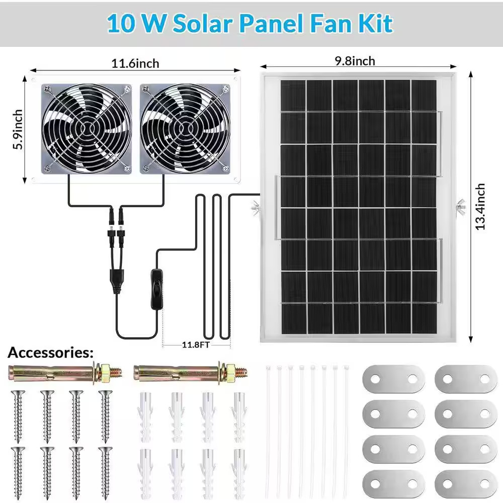 2 Set Solar Fan for Greenhouse, 10W Solar Panel Fan Kit with Bracket, Waterproof