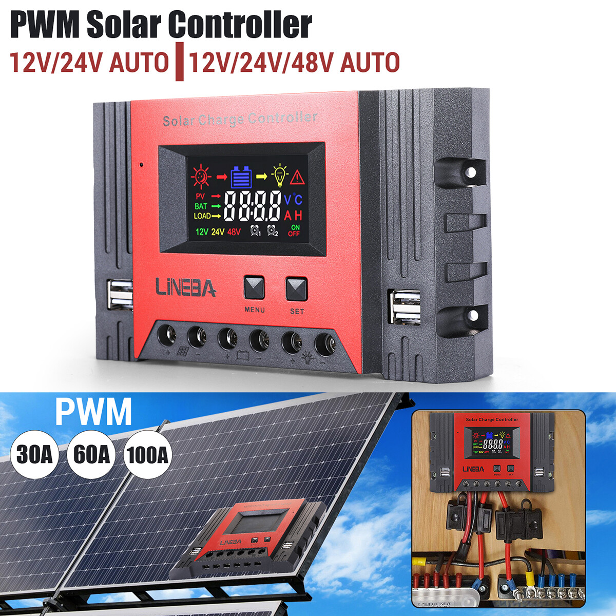 30A Solar Charge Controller 100A PWM Regulator for 12V 24V with 4 USB Ports