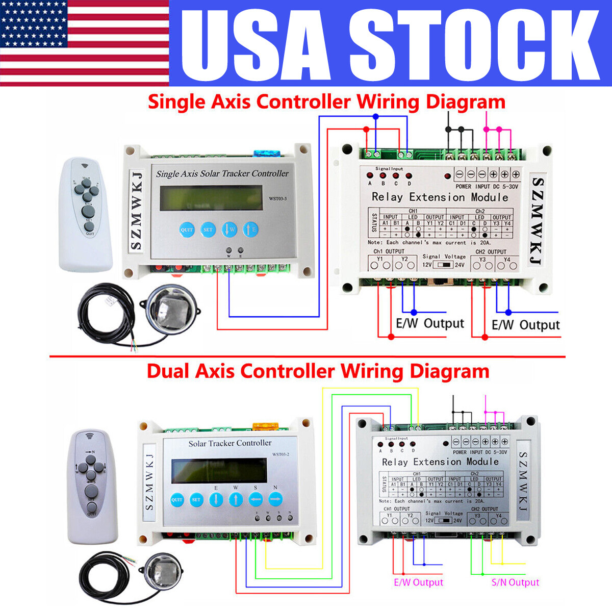Auto-Tracking Single/Dual Axis Solar Tracker Controller + Relay Extension Module