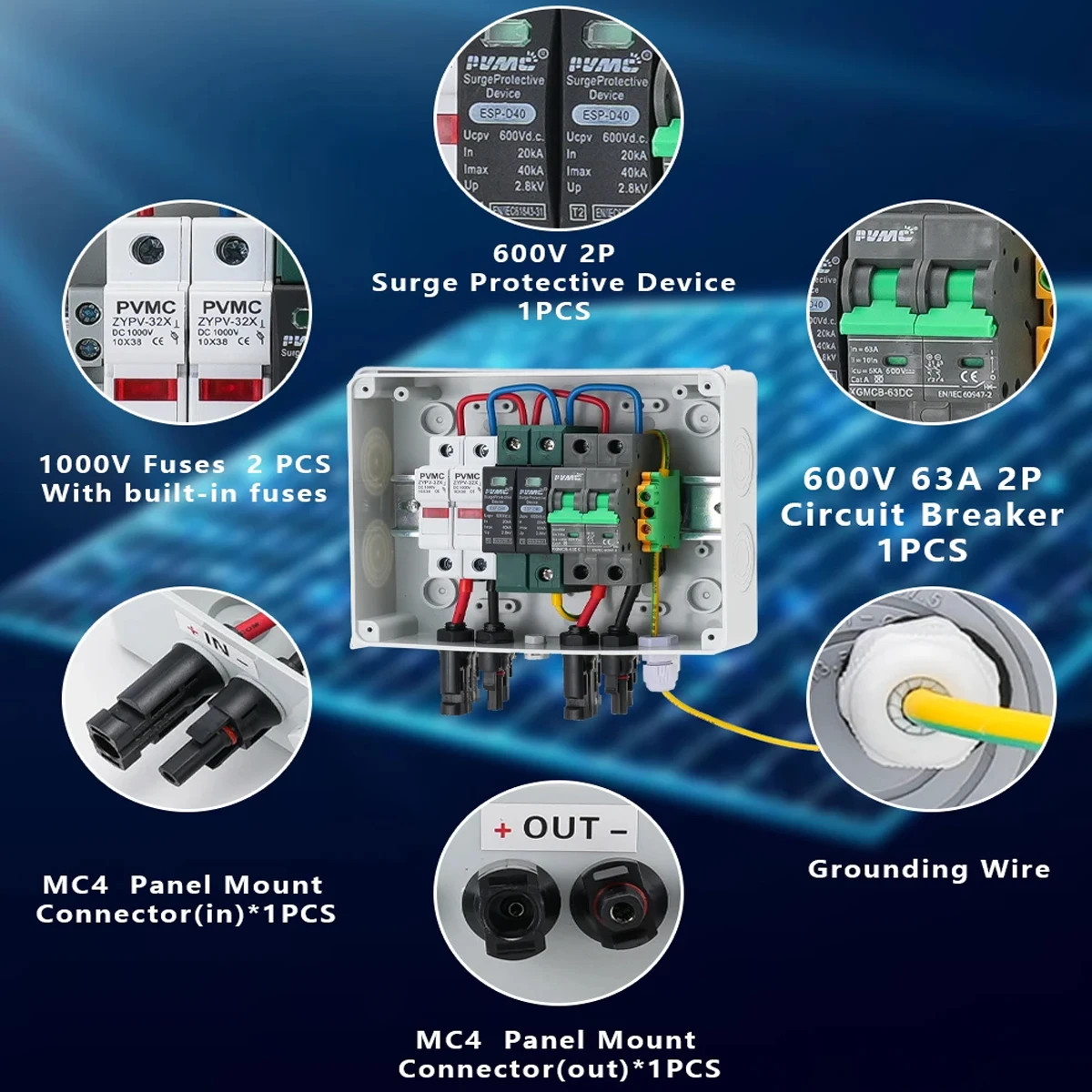PVMC 1 in 1 out DC 600V Solar photovoltaic PV Combiner Box Lightning Protection
