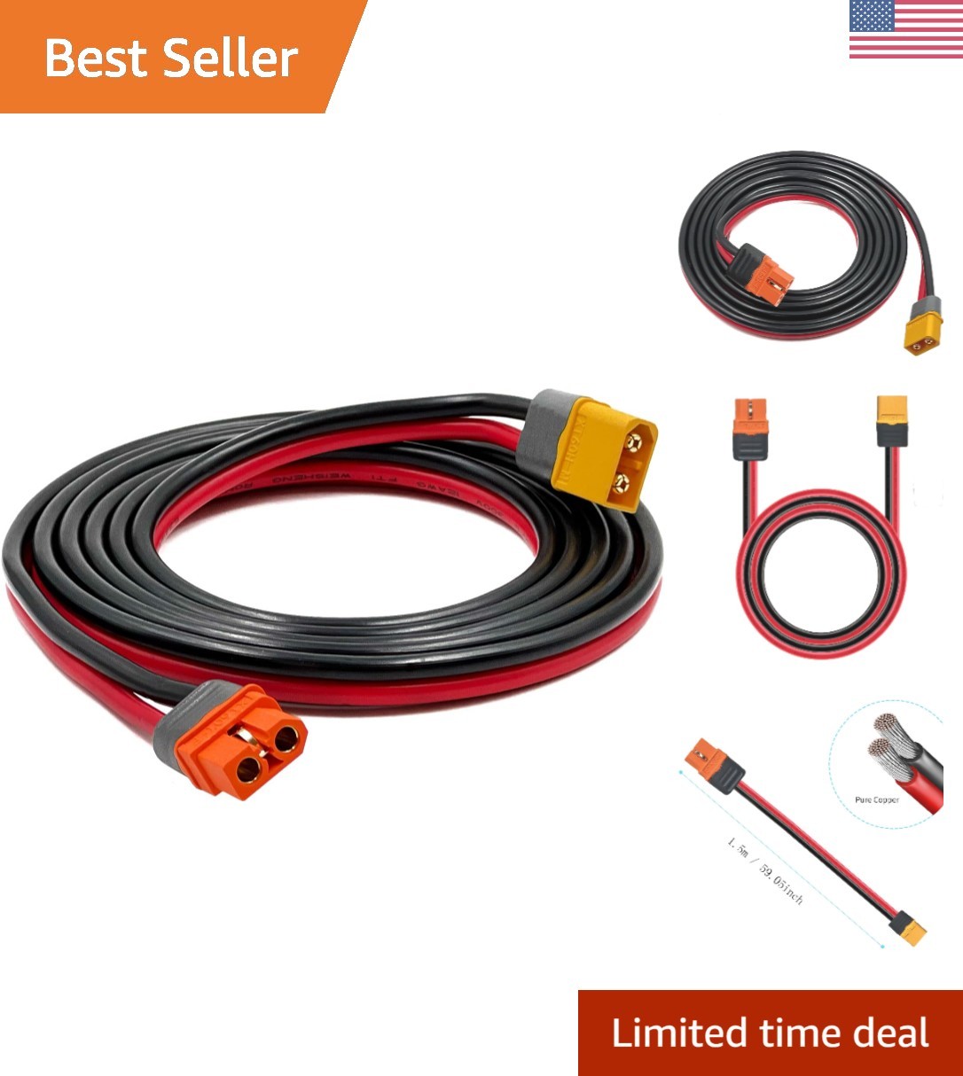 1.5M XT60 Male to Female Solar Charging Cable – 12AWG Adaptation for Ecoflow