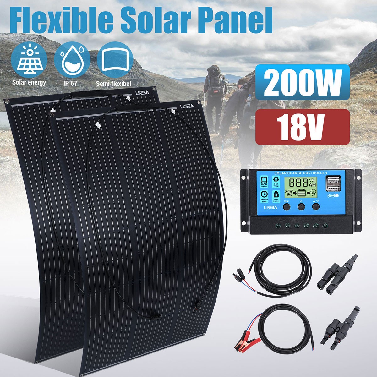 5000W Power Inverter 200W Completed Solar Panel Kit for Car Boat RV Home Rooftop