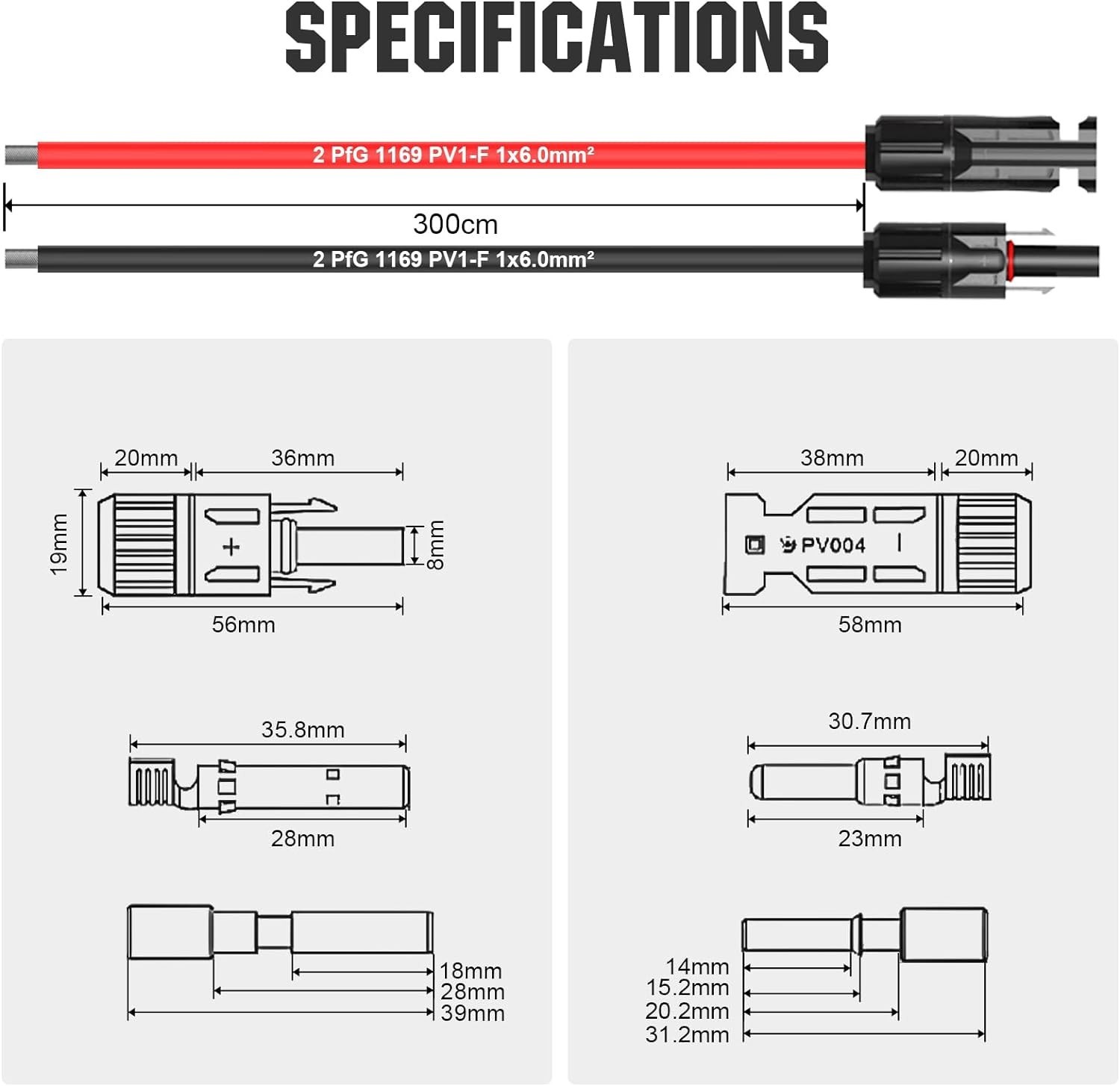 10Ft Solar Extension Cable 30A/1000V Waterproof MC4 Connectors