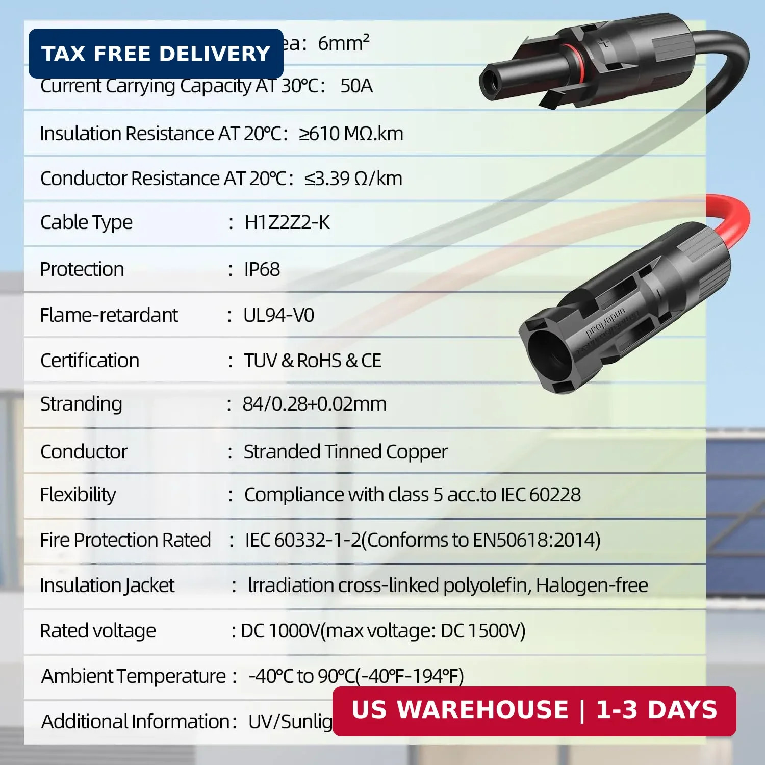 10AWG Solar Panel Wire, 2x50FT 6mm² Solar Extension Cable Red & Black 84 Strands
