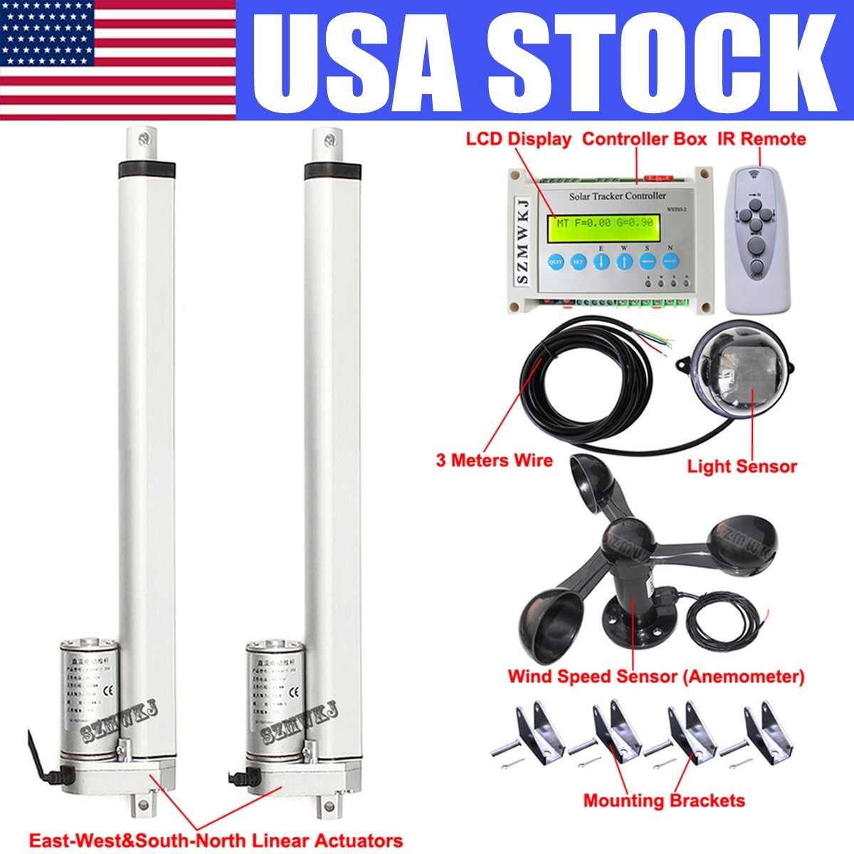 DC 12″ Linear Actuator &LCD Controller &Anemometer for PV Solar Tracking Tracker