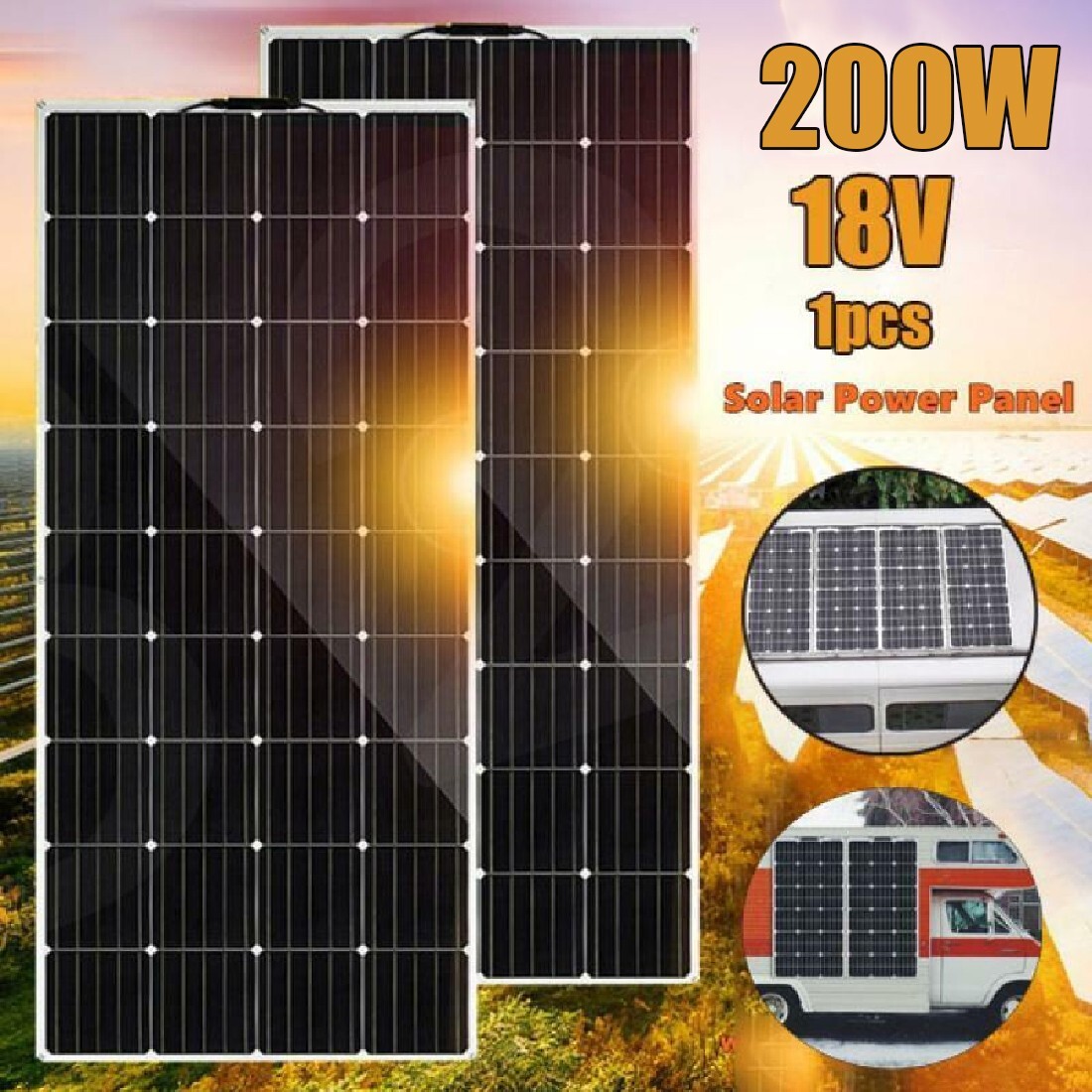 200W 18V Waterproof Flexible Solar Panel For RV Boat Camper Home Battery Charge