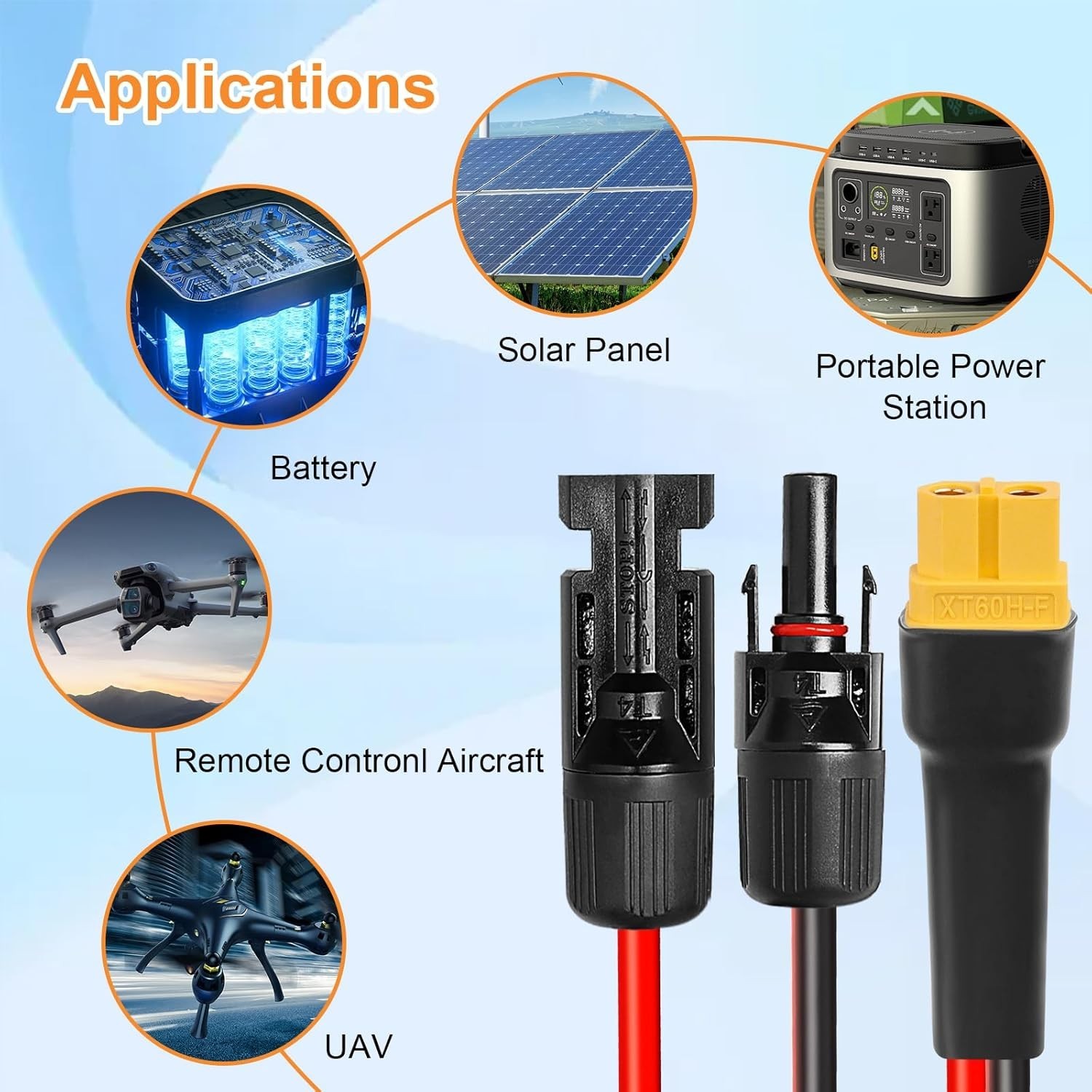 10AWG 15FT XT60 Solar Extension Cable 2 3 6 10 15 20 25 35 40 50 75 100FT XT6…