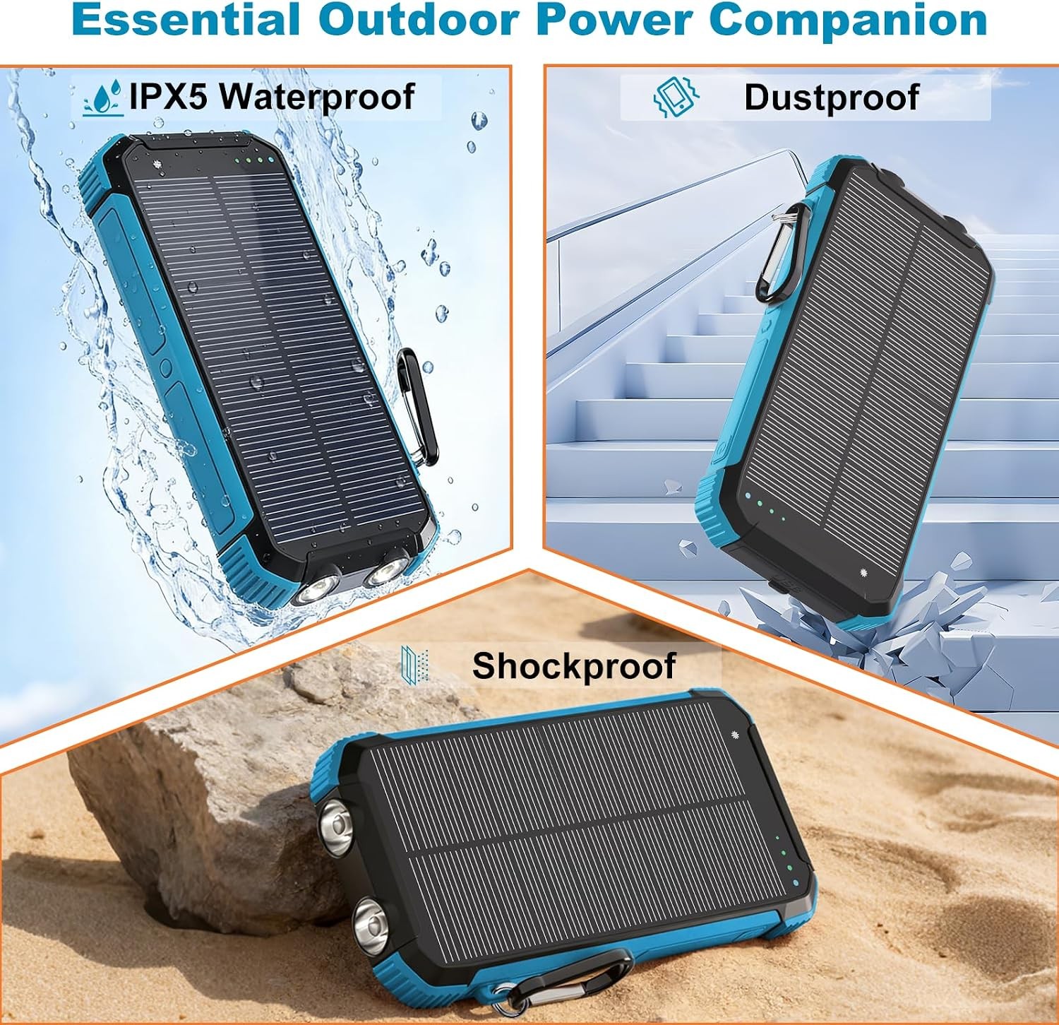 Solar Power Bank 20000mAh, Wireless Fast Charging, 3-in-1 Cables, Blue