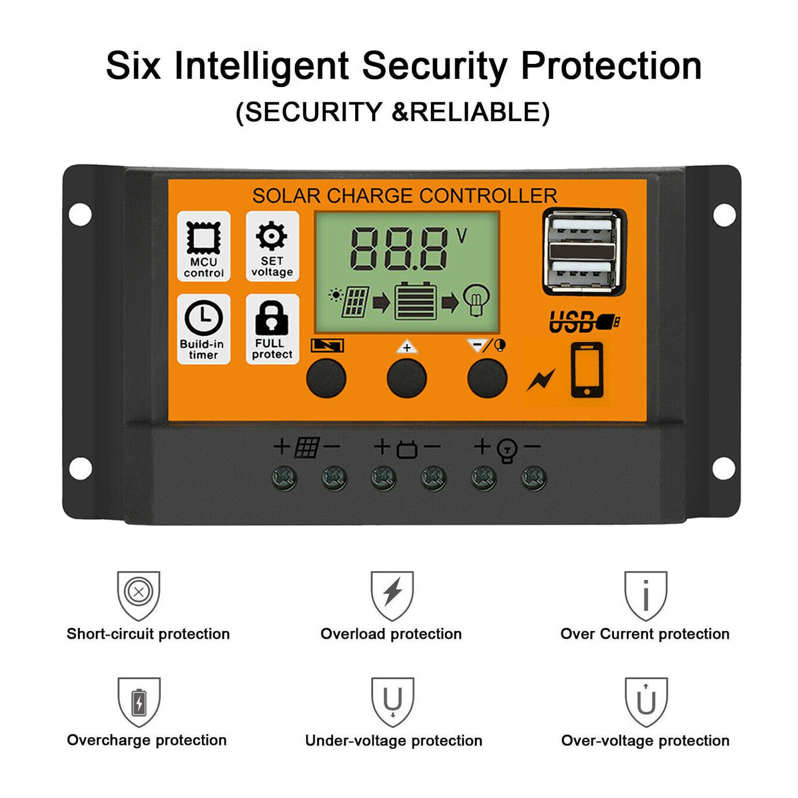 10-90A Solar Panel Regulator Battery Charge Controller LCD Auto Dual USB 12V/24V