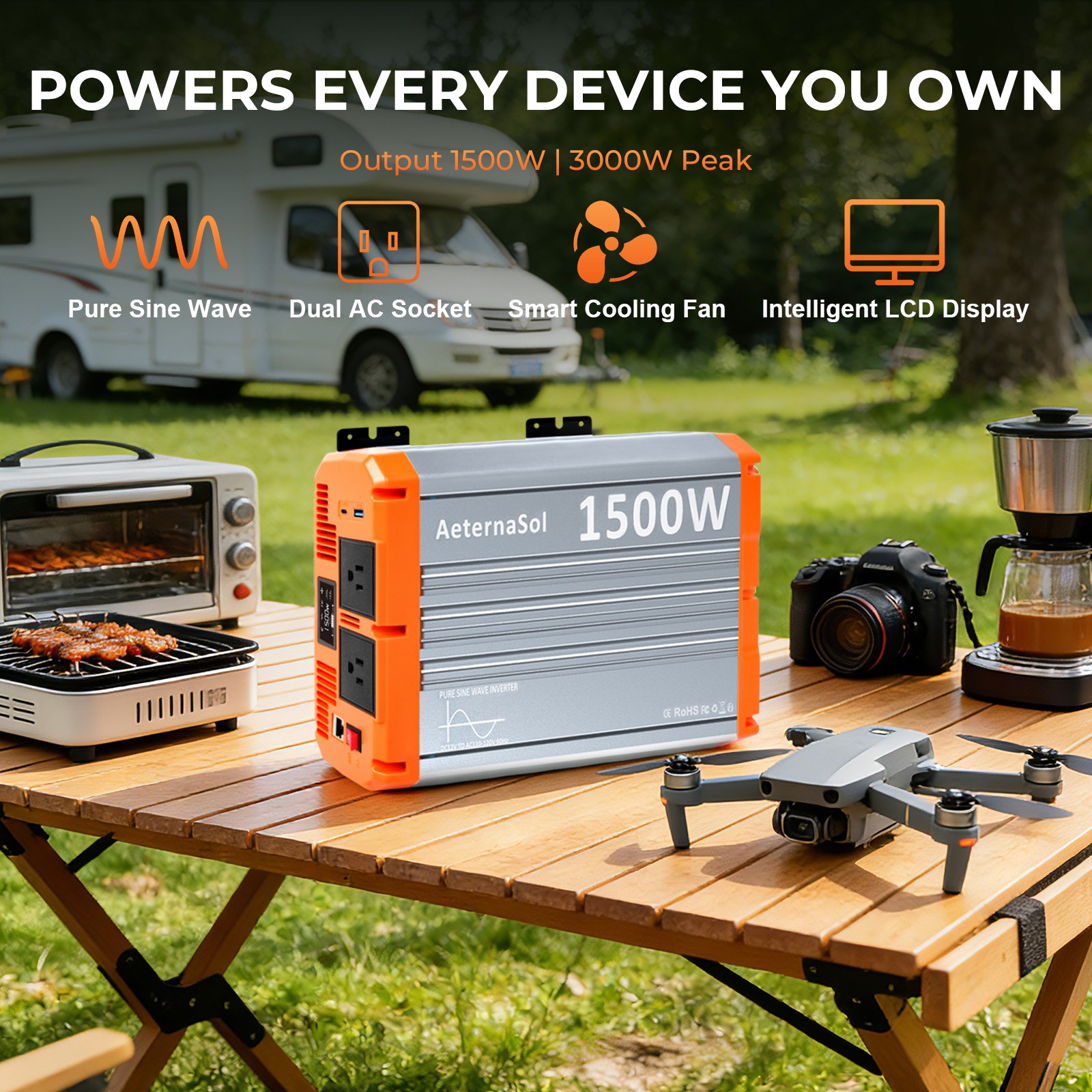 1500W Power Inverter Pure Sine Wave Inverter 12V 110V 120V Car Truck Boat Solar