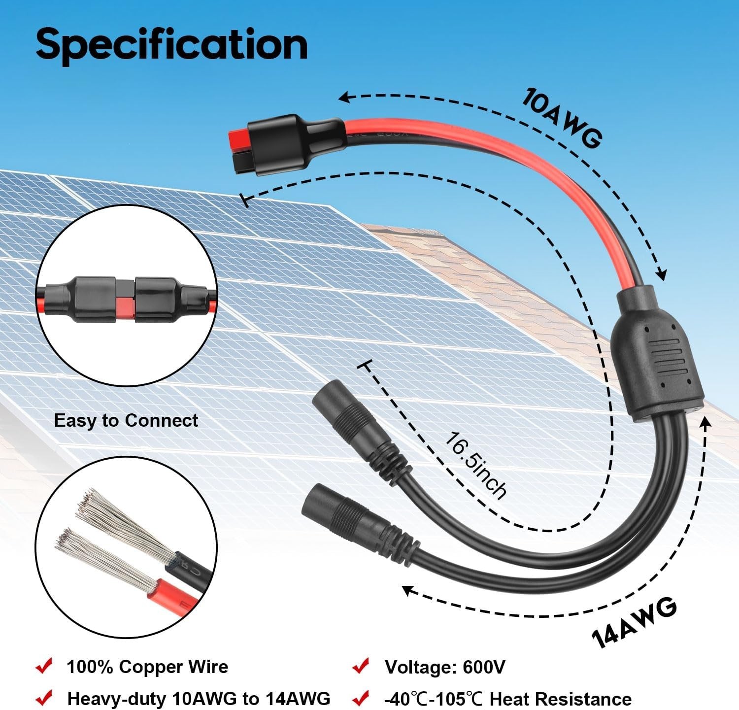 Durable Heat-Resistant DC 8mm Splitter for Solar Panel Systems – 16.5 inch