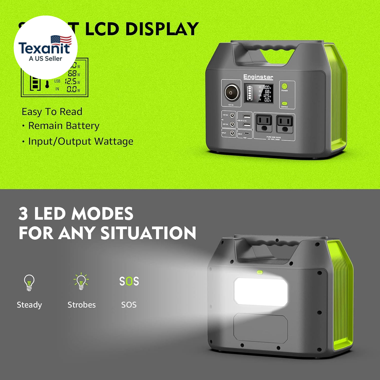 Solar Generator, 300W Portable Power Station, 296Wh Lithium Battery Backup W/Two