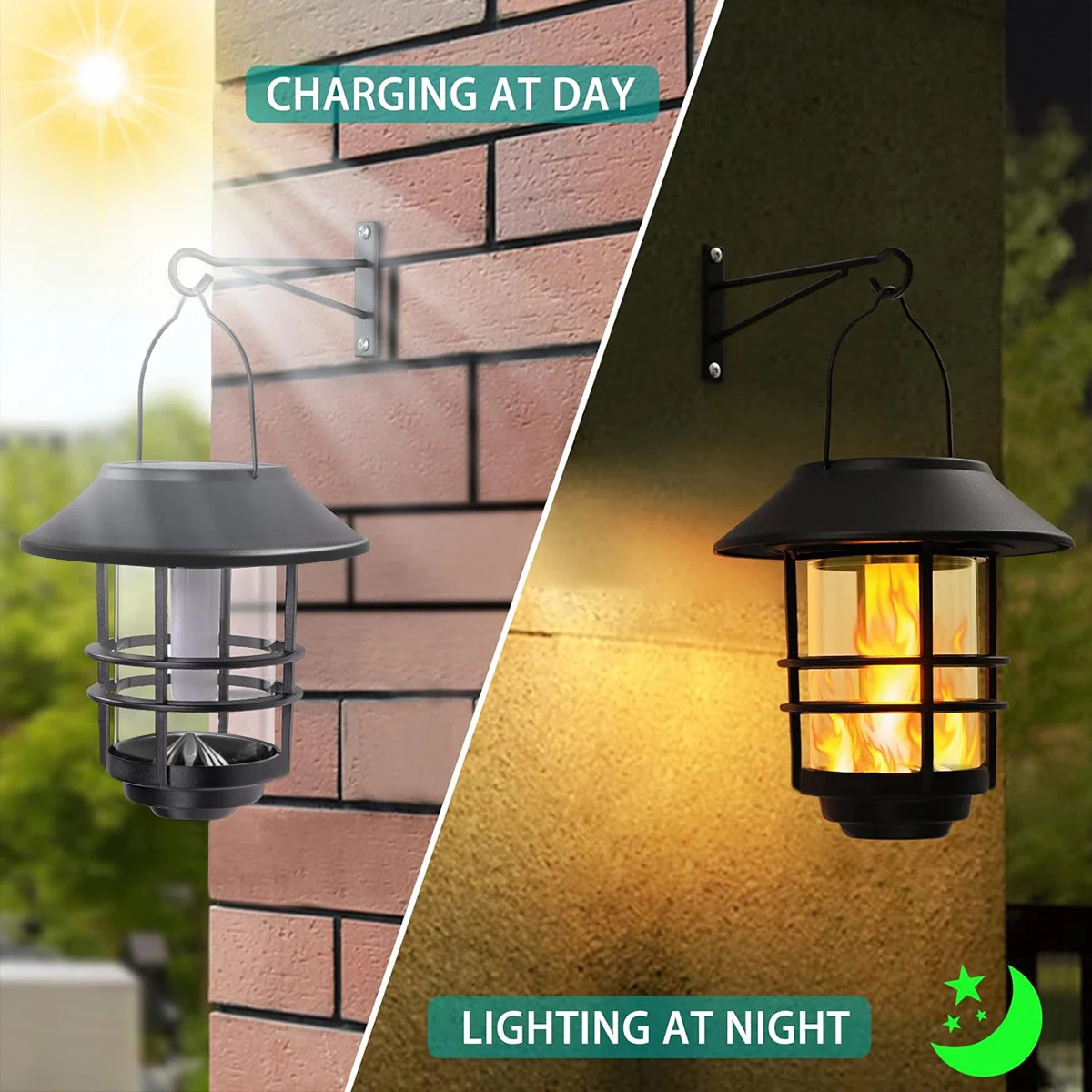 1pcs Solar Hanging Lantern Outdoor Flickering Flames Waterproof Heavy Glass
