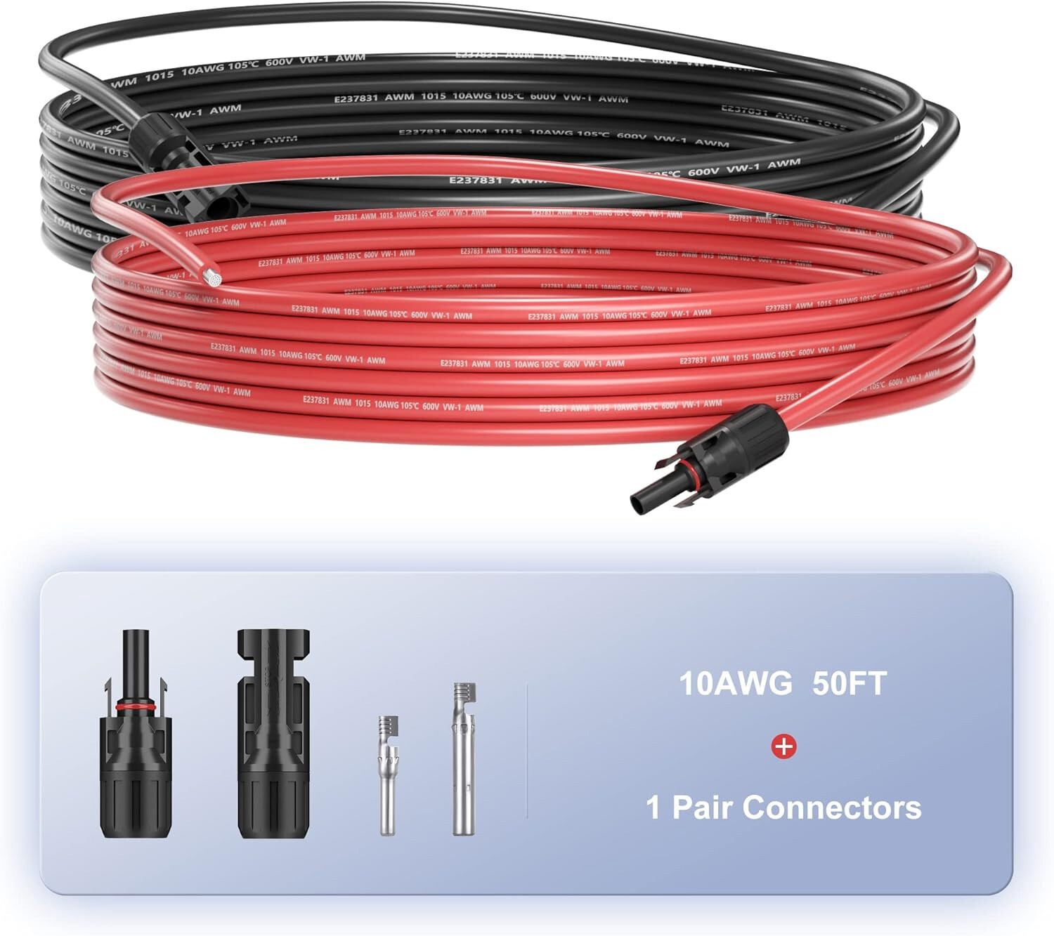 50ft Black + Red 10AWG Solar Panel Extension Cable Flexible Wire Connectors