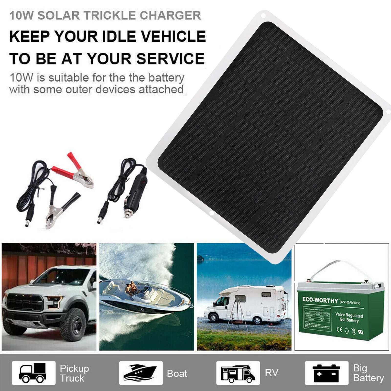 10W Solar Panel 12V Trickle Charger Battery Charger Kit Maintainer Car RV Boat