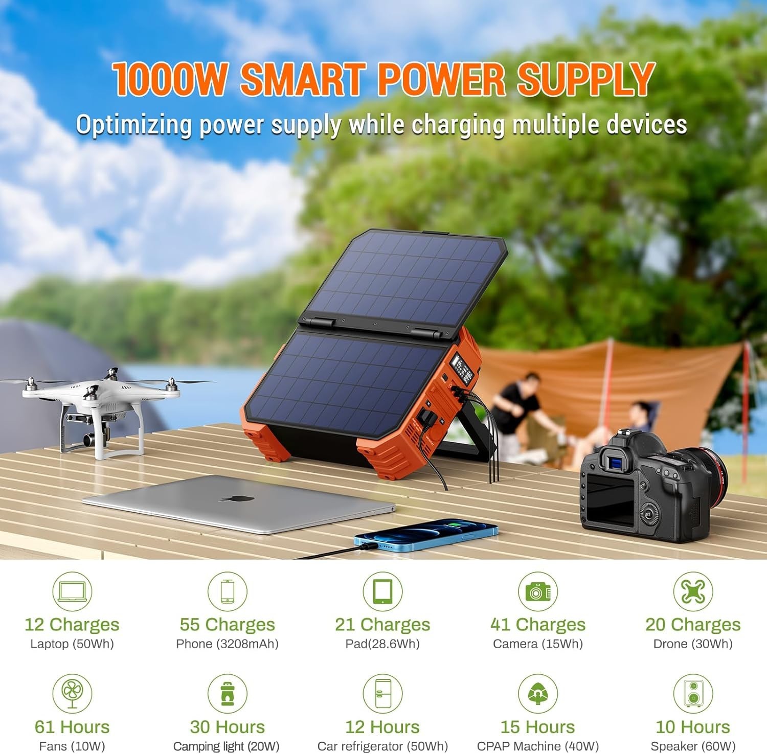Portable Power Station 1000W with Built-in Solar Panel, 614WH/192000mAh LiFePO4