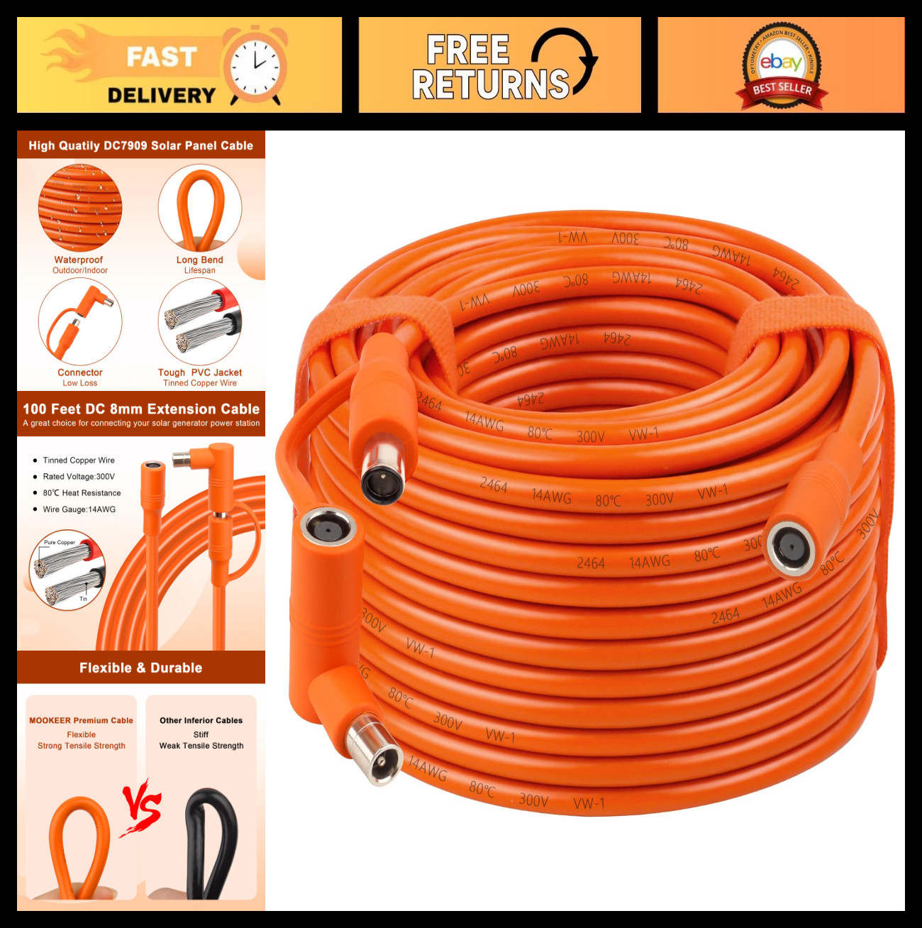 14AWG 100FT Solar Panel Extension Cable, DC7909 Female to Male with Adapter, Com