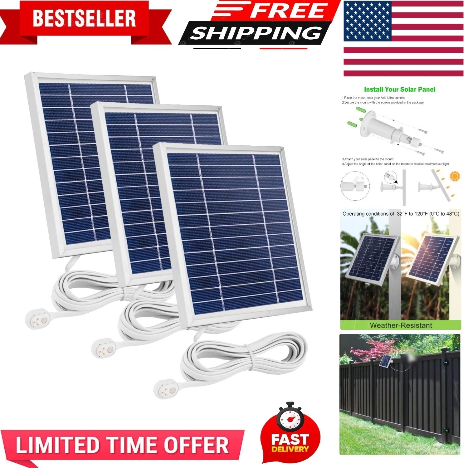 3 Pack Solar Panel Charger Compatible with Arlo Pro 5S 2K/Arlo Pro 4/Arlo Pro…