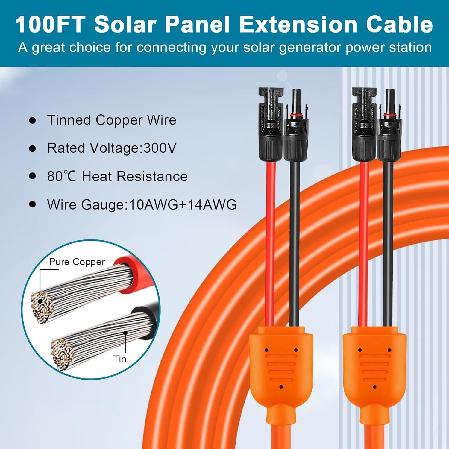 100FT Solar Extension Cable – 10AWG Heavy-Duty Wire with IP68 Connectors