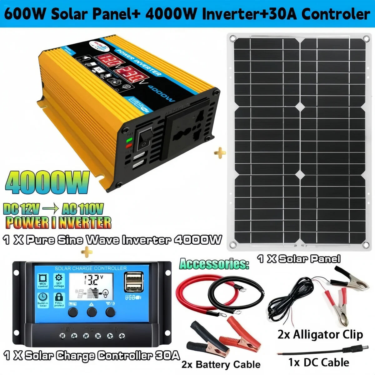 New 12V to 110V/220V Solar Panel System Battery Charge Controller 4000W Power