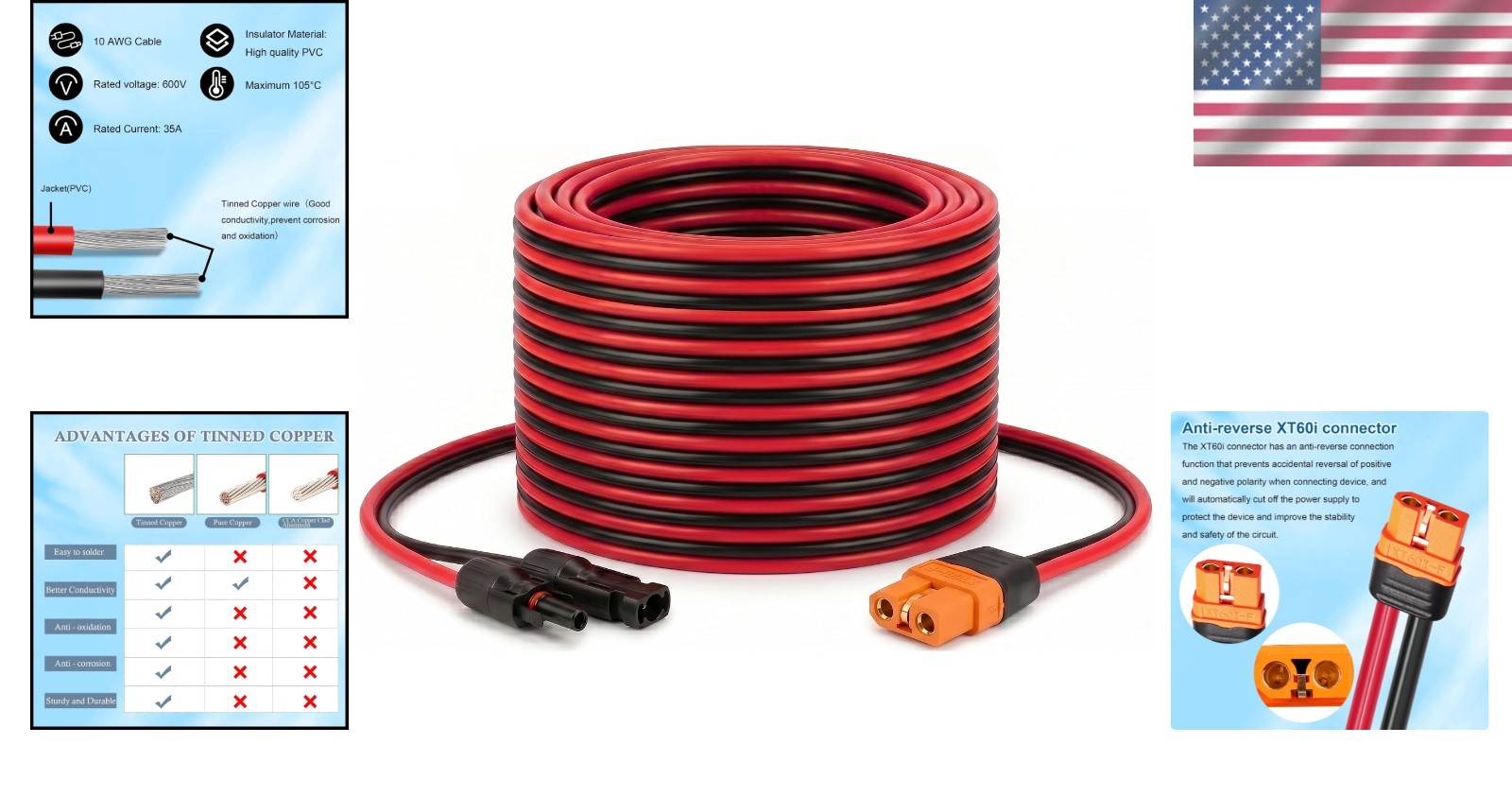25FT XT60i Solar Cable – High-Quality 10AWG Tinned Copper, Waterproof Design