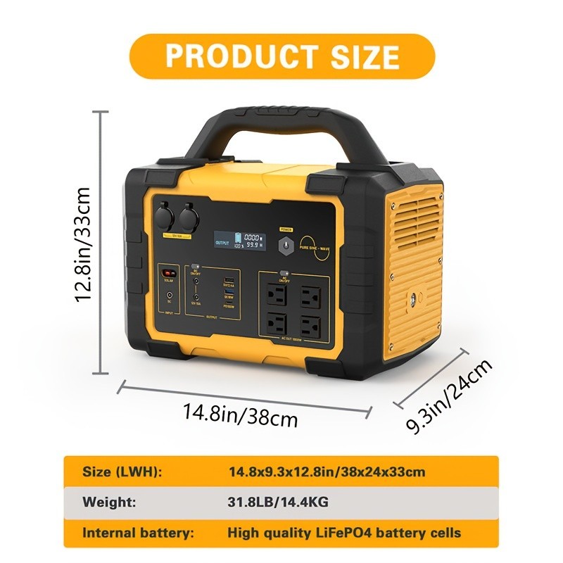 1000W 1024Wh LiFePO4 Solar Power Station Camping Emergency Backup Generator