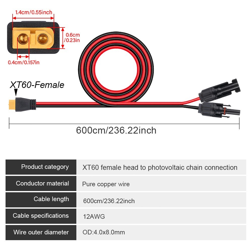 20ft/6m XT60 to Solar Panel Connector Extension Cable For Portable Power Station