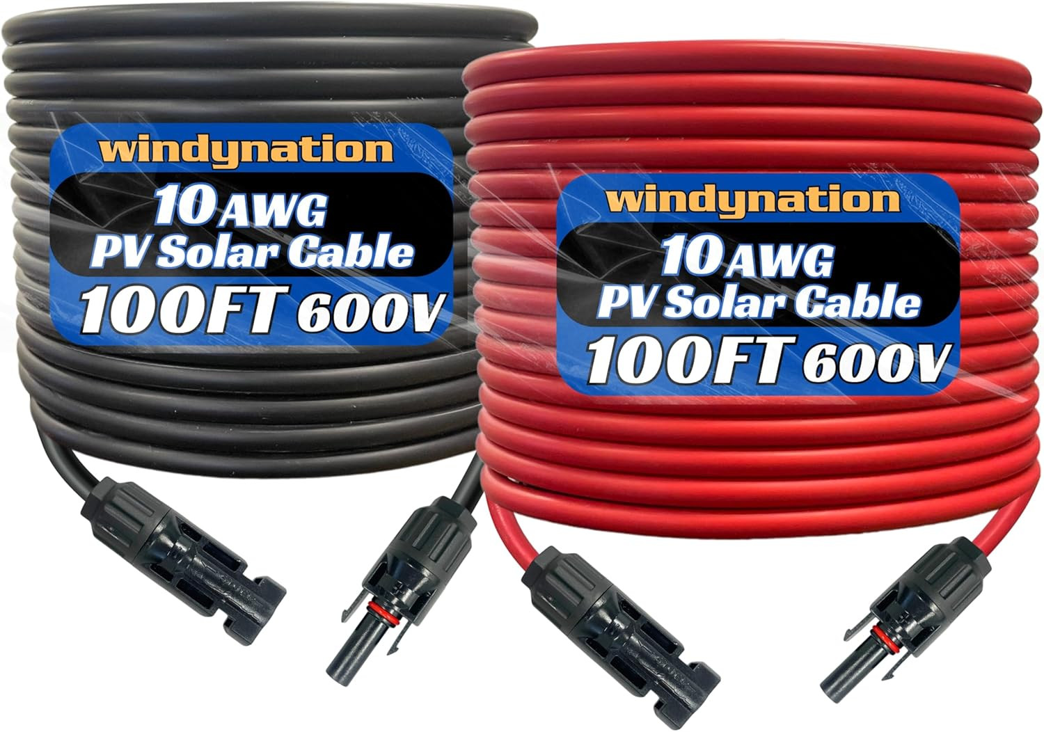 Windynation 10 Gauge 10 AWG Pair 100 Feet Black +100 Feet Red PV Photovoltaic So