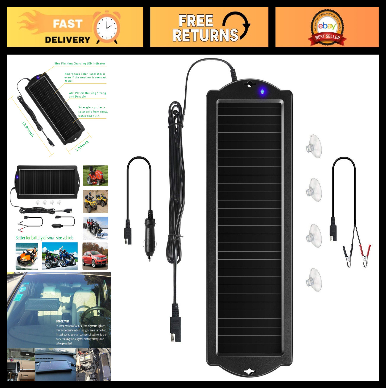 12V Solar Car Battery Trickle Charger & Maintainer with Lighter Plug & Clamps –