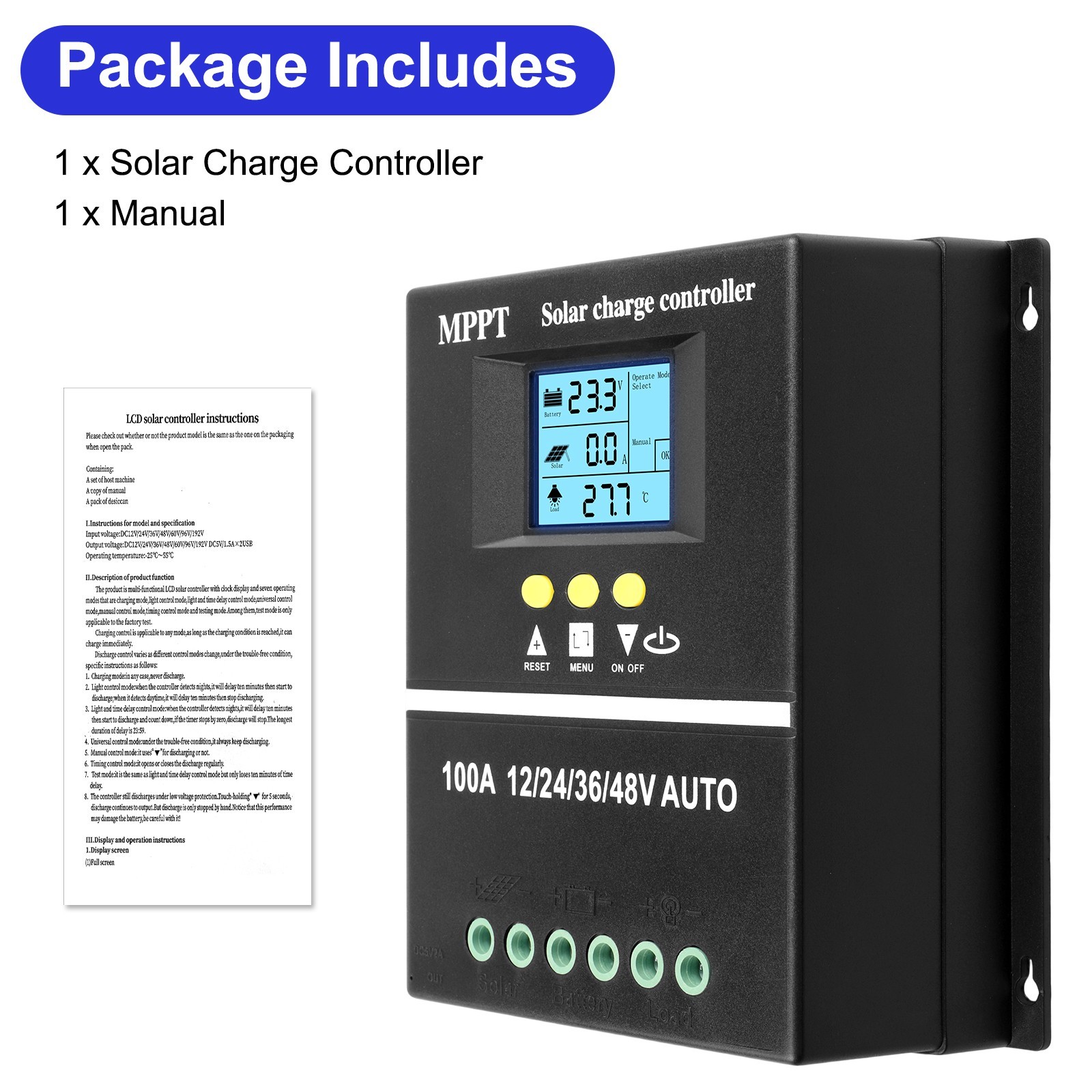 Solar Controller for 12V 24V 36V 48V Systems with LED Display and USB Charging