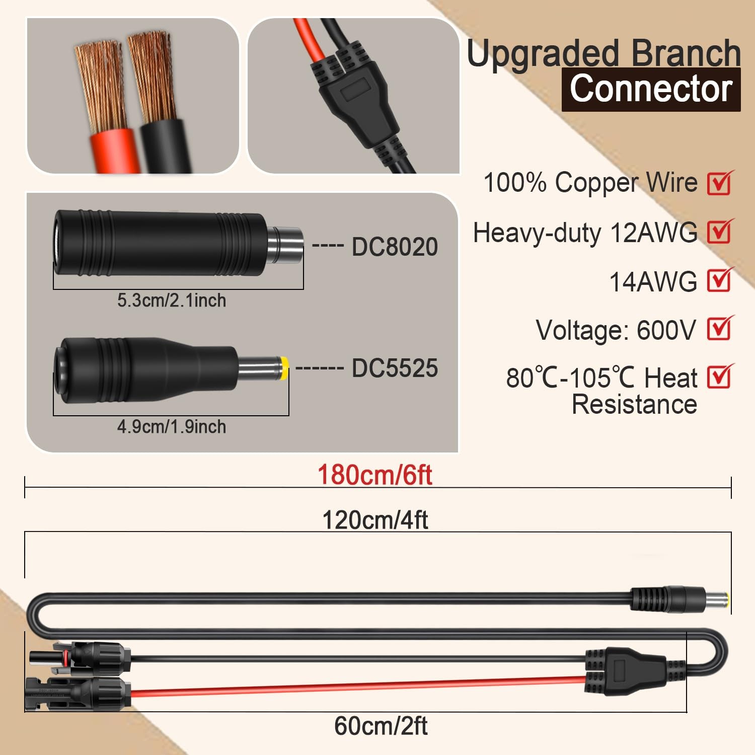 Solar Panel Adapter Cable 6FT DC 8mm Jackery 3000 2000 1500 Explorer Compatible