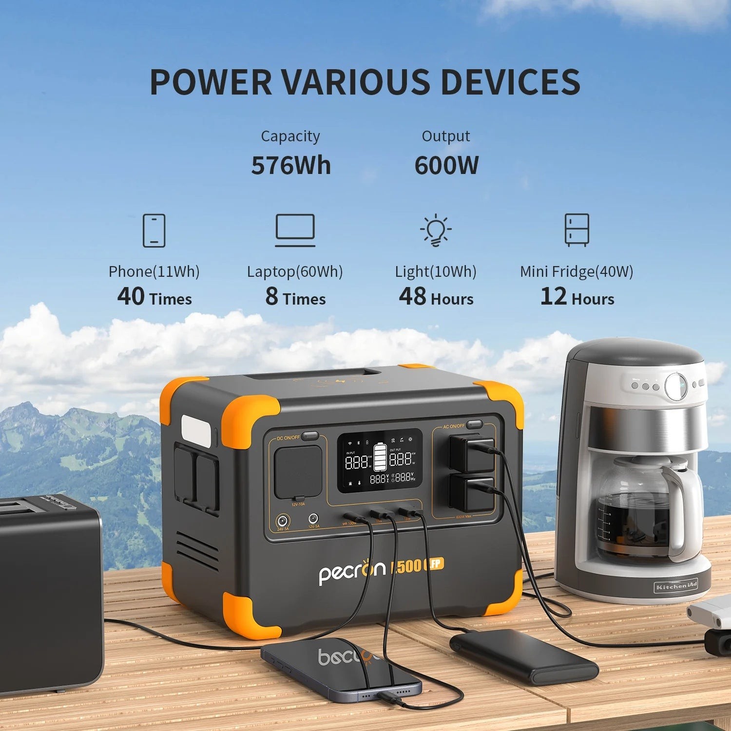 576Wh LiFePO4 Portable Power Station 600W Pure Sine Wave Wireless Charging Solar
