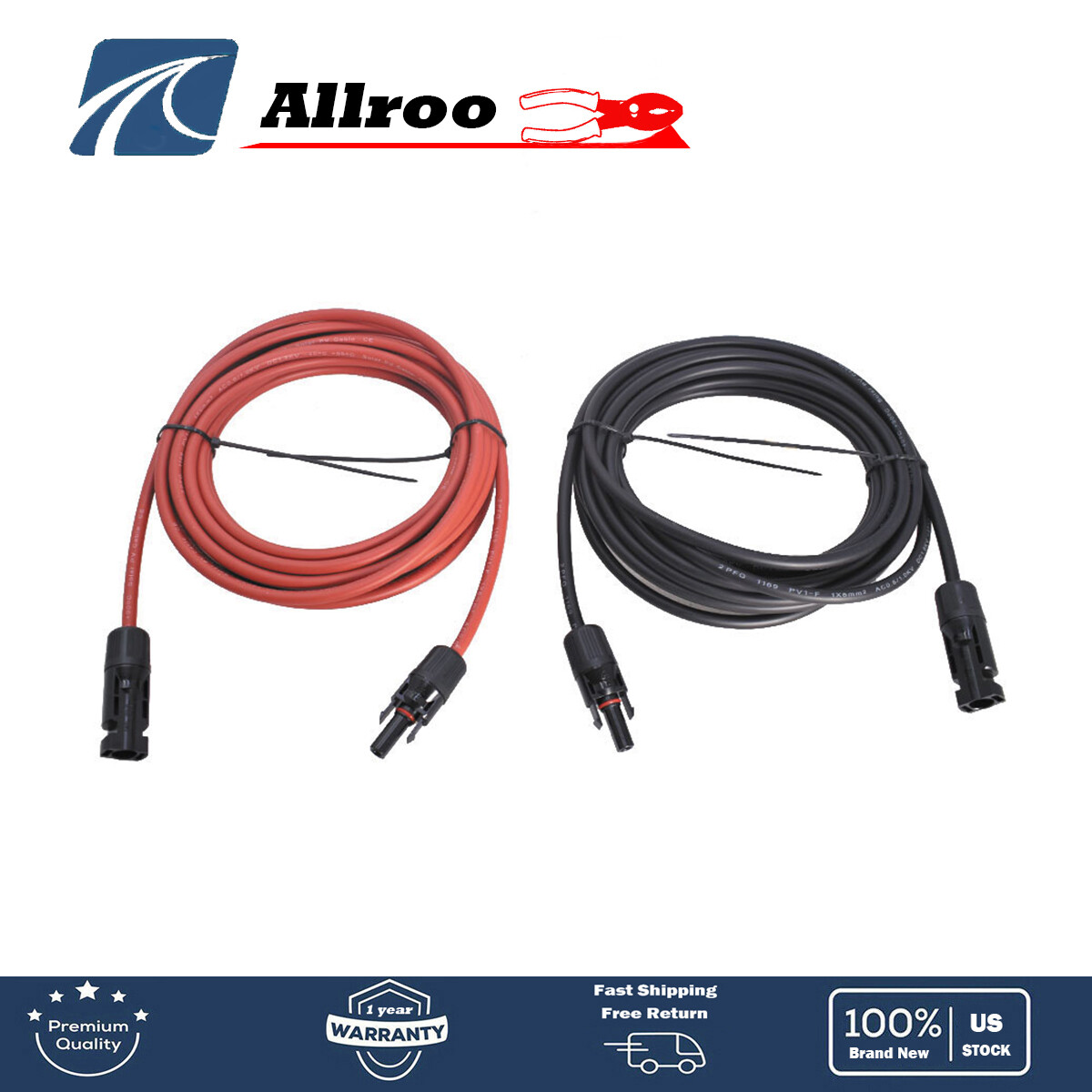 1 Pair Black + Red Solar Panel Extension Cable Wire PV Connector 10/12/14 AWG